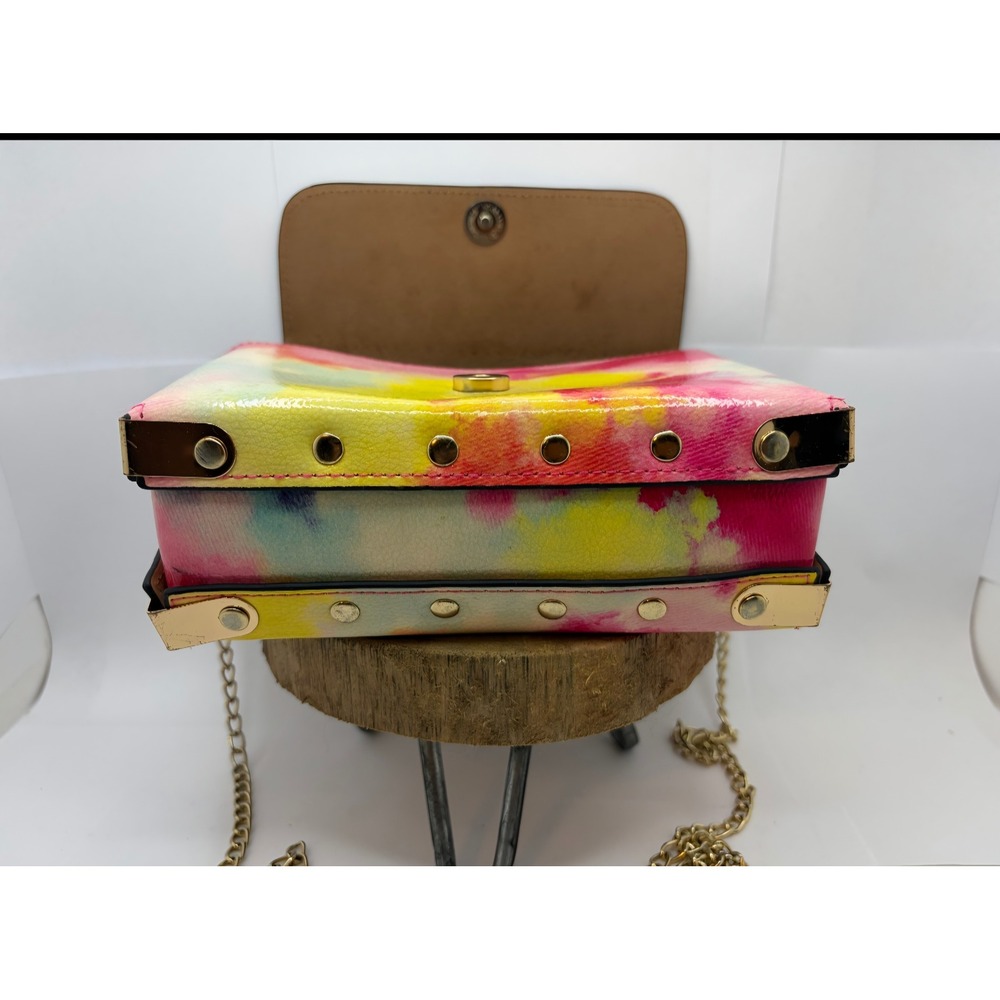 Tie Dye Watercolor Crossbody Bag Gold Chain Strap Studded Top Handle Pink Yellow - Picture 3 of 4